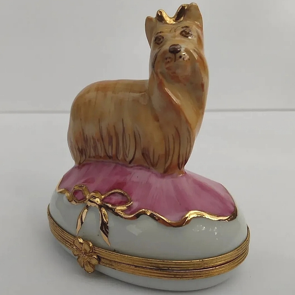 Vintage Limoges YORKIE hand painted trinket box Yorkshire Terrier pink France